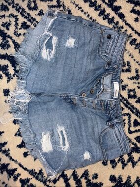 KanCan High-Rise Distressed Denim Button-Fly Shorts - Light Blue